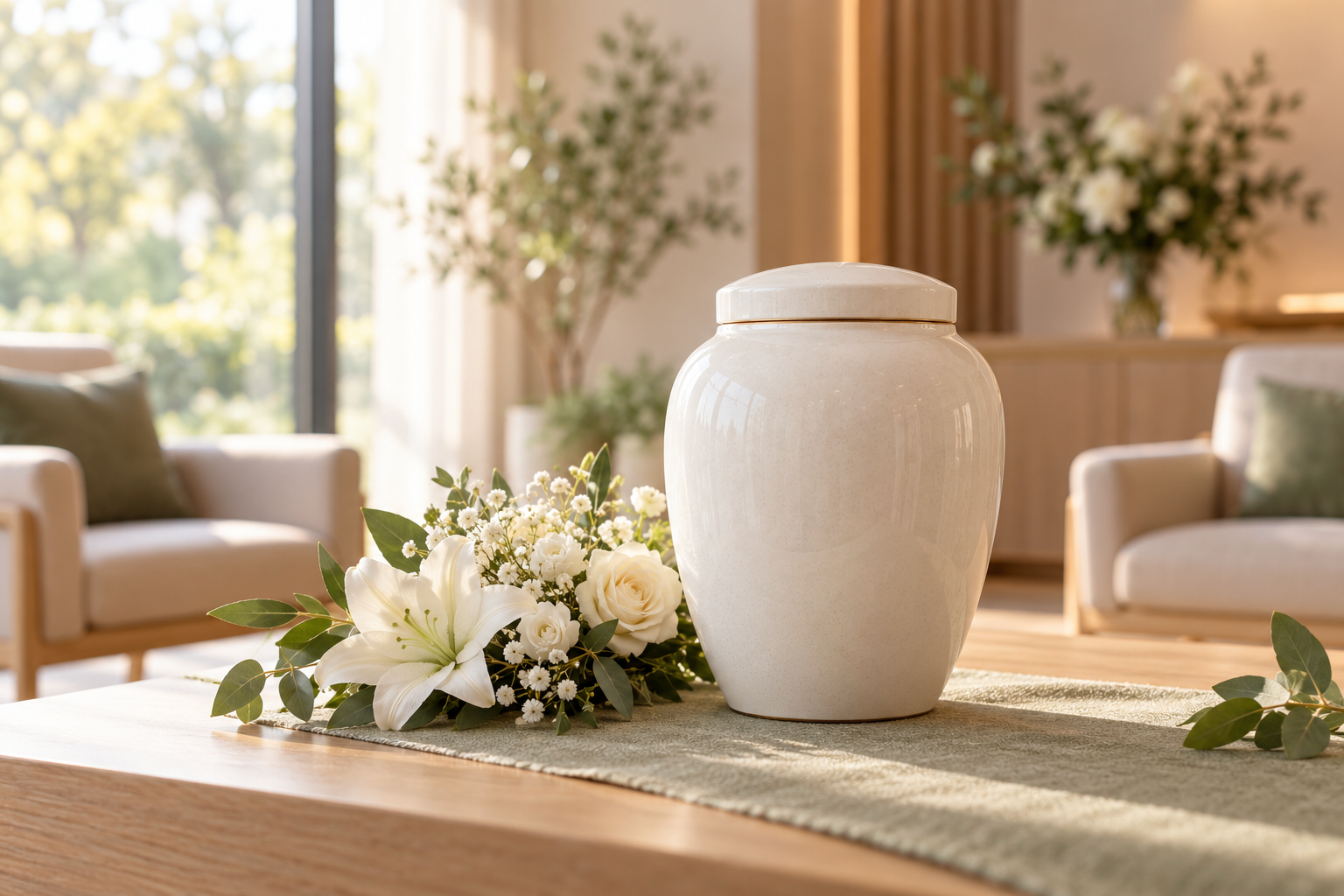 Urna funeraria blanca con flores en una sala de despedida