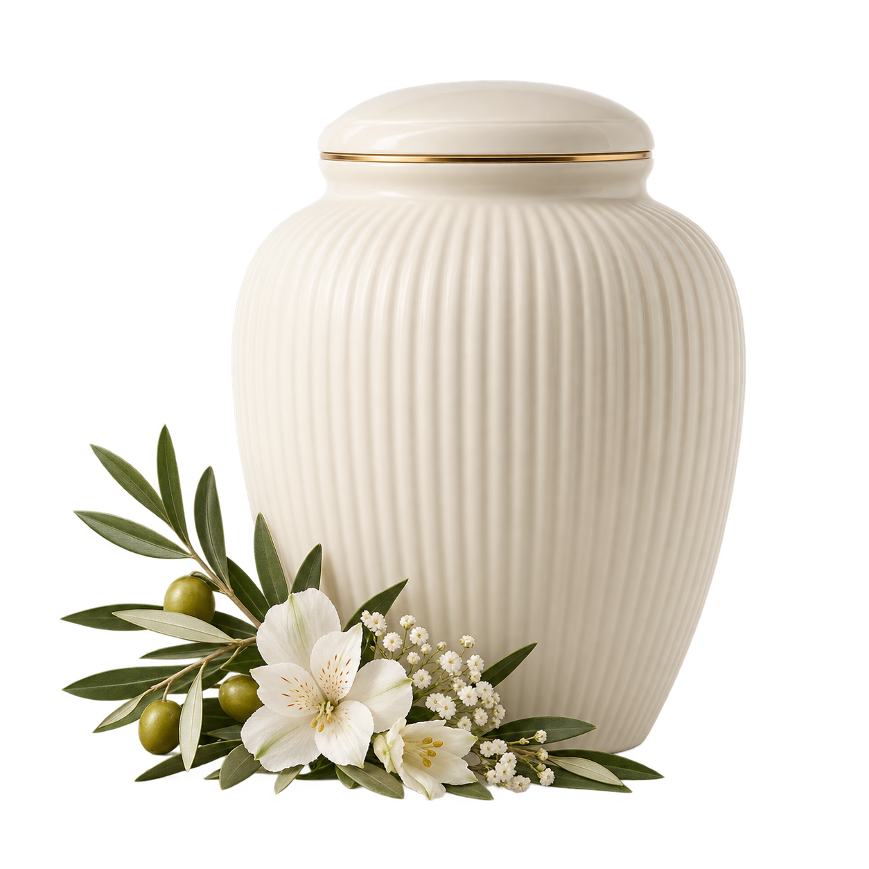Urna funeraria de cerámica blanca con flores y rama de olivo